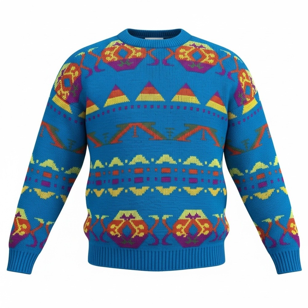 80s Vintage Statement Sweater L Blue Geometric USA Made Southwestern Streetwear